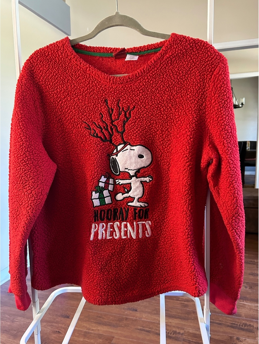 Peanuts Red Fleece Christmas Sweater with Snoopy and Presents